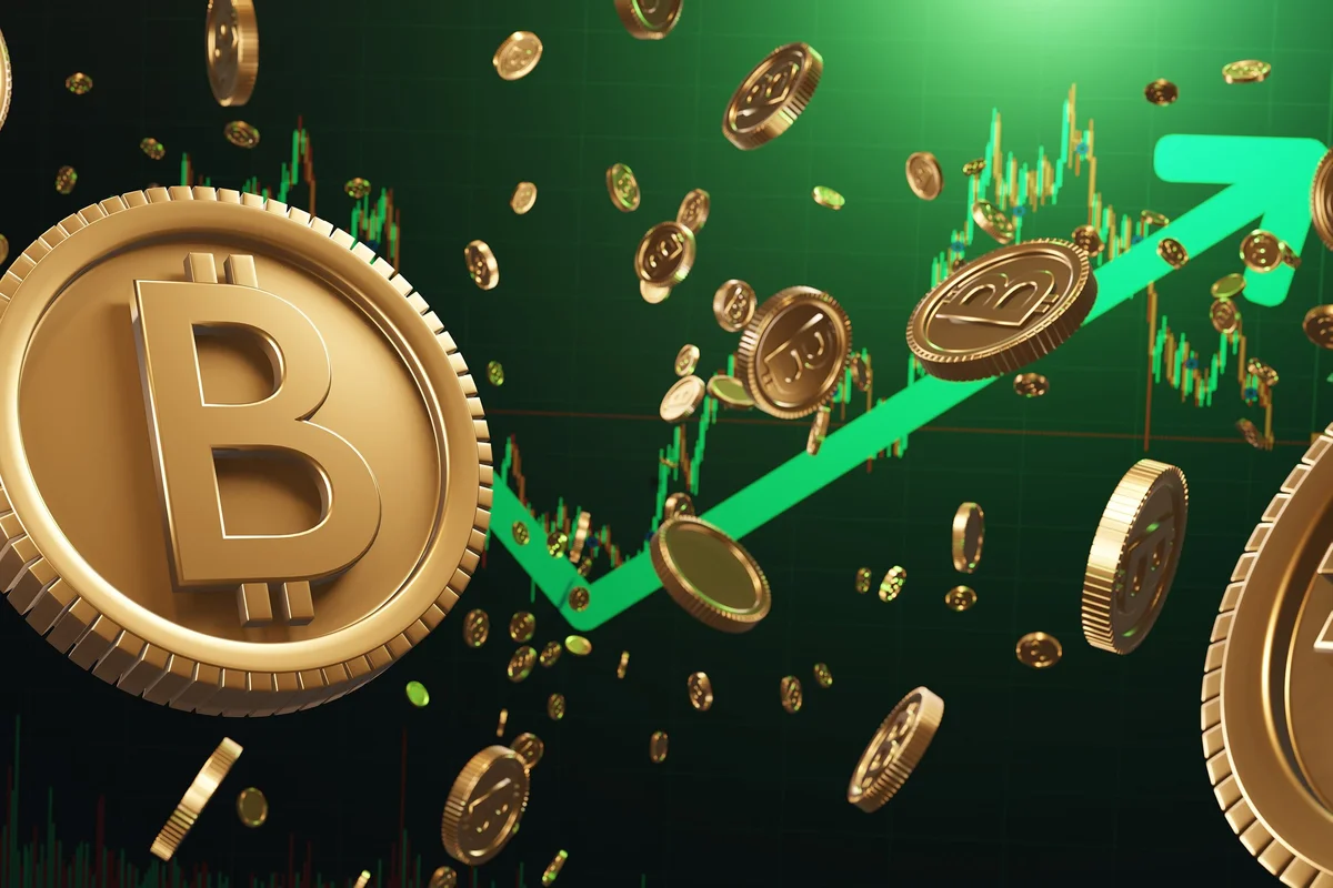 flurry-of-bitcoins-and-a-green-price-graph-going-up